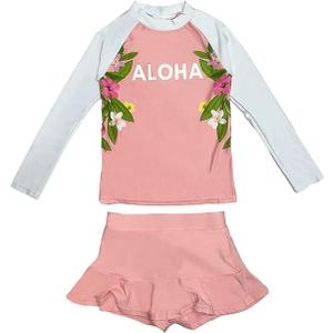 PHIBEE Girls' Rash Guard Set Long Sleeve UPF 50+ Sun Protection One -Piece Swimwear Pink/White 14