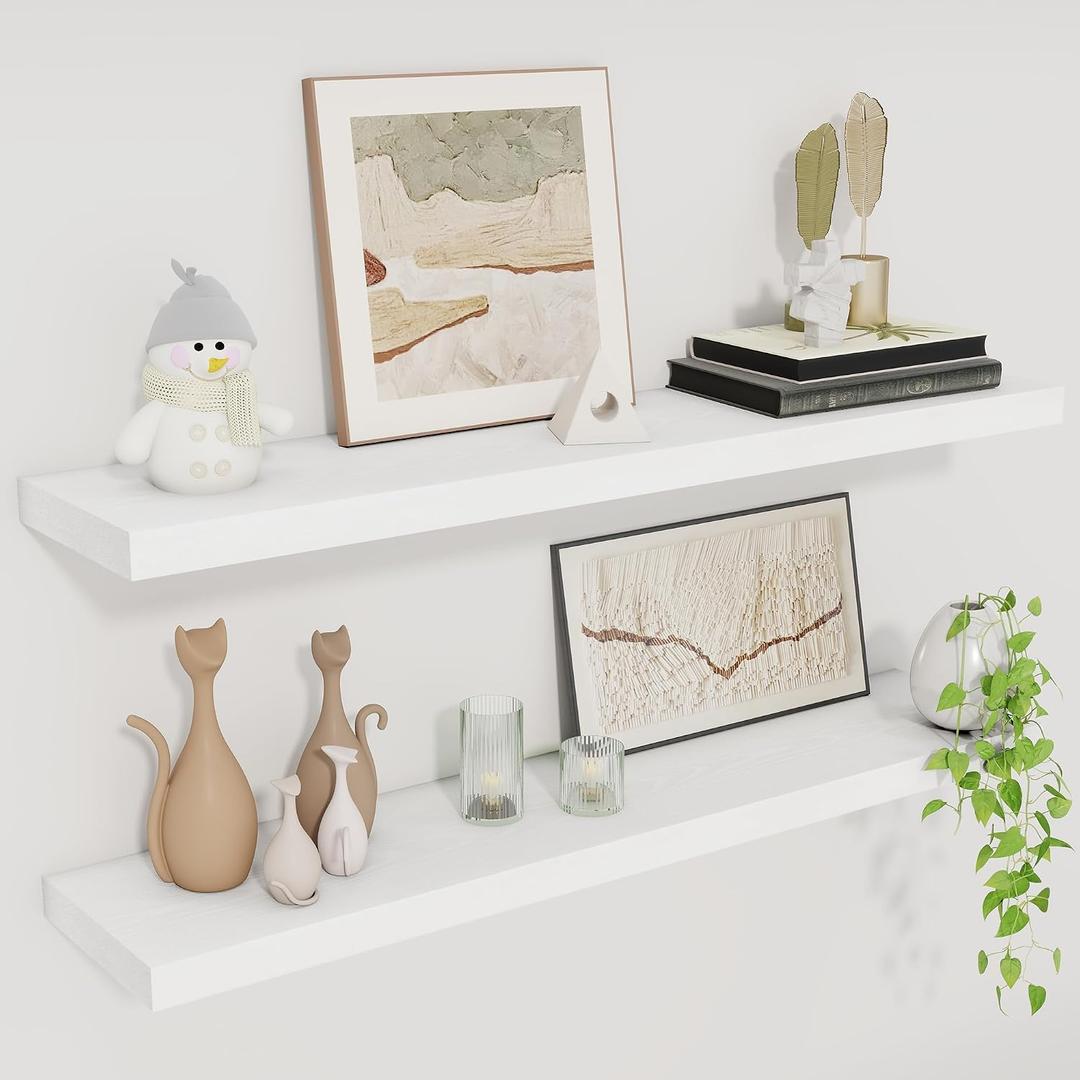 Fun Memories Floating Shelves for Wall, 30" Rustic Wood Deep Wall Mounted Shelves with Invisible Brackets for Decor & Storage, Floating Shelf for Living Room, Bathroom (White, Set of 2), 30"W x 6.5"D, 2Packs