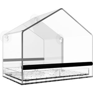 One Way Window Bird Feeder for Outside with Strong Suction Cups, Clear Acrylic Wild Bird House for Cats Viewing, Large Transparent Window Mount Birdfeeder for Bird Lovers Gift