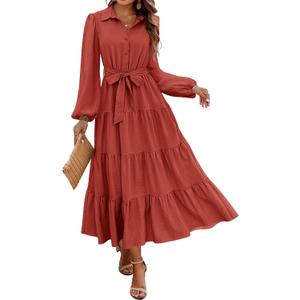 dowerme Women's Long Sleeve Dress 2026 Button Down Belted A-Line Flowy Spring Outfits Ruffle Maxi Holiday Party Dresses (S)