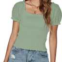 LYANER Women's Square Neck Shirred Eyelet Embroidered Puff Short Sleeve Ruffle Trim Blouse Crop Top (Green, L)