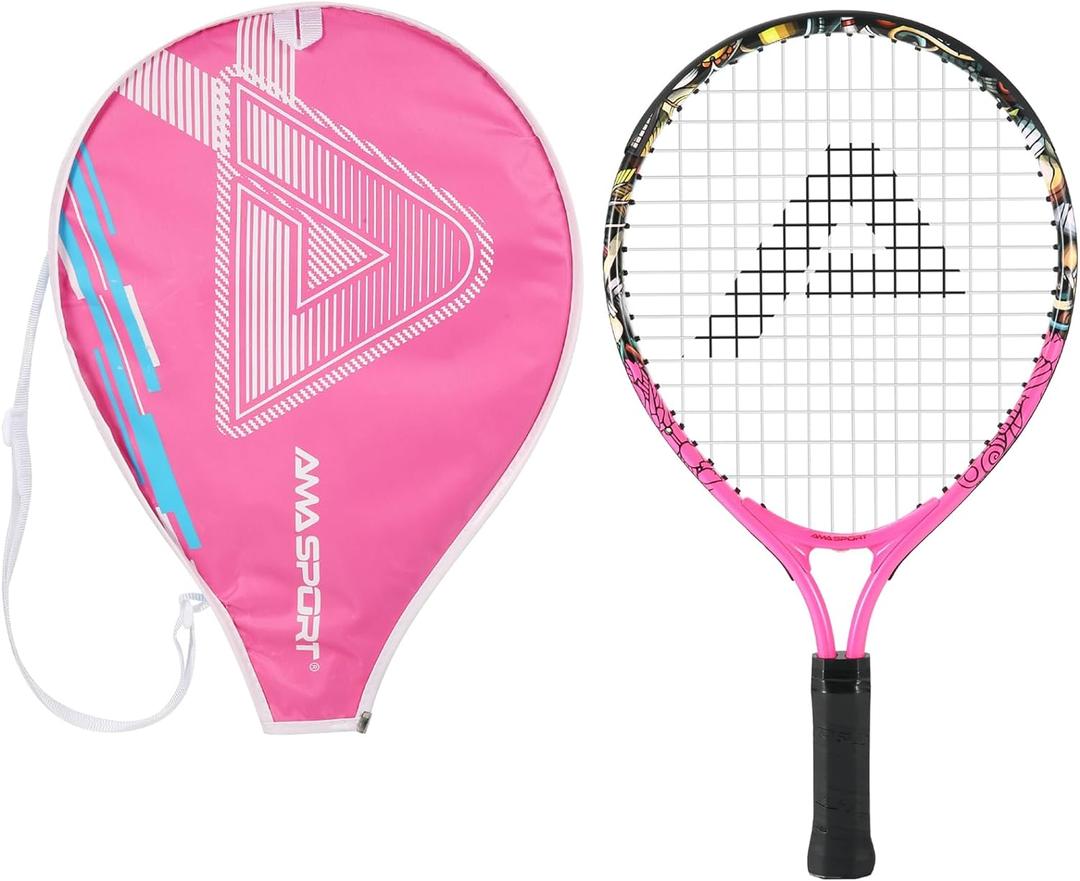 AMA SPORT Kids Tennis Racket for Junior Toddlers Starter Kit 17" for Girl Pink and Boy Yellow with 420D Nylon Shoulder Strap Bag, Graffiti Pink 17"