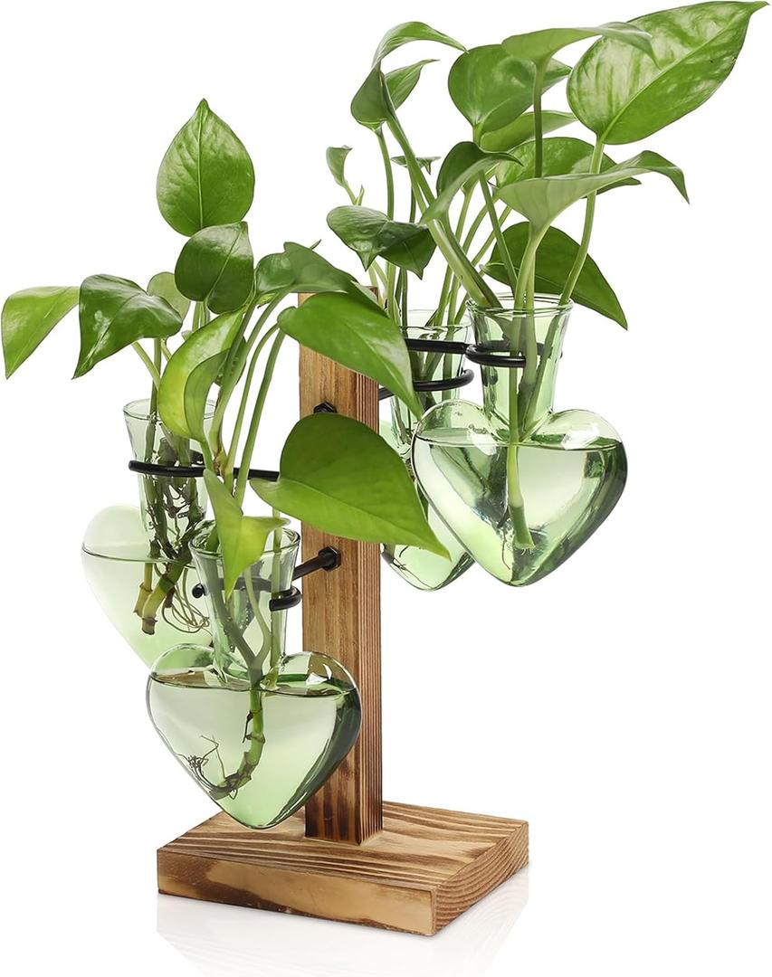 Plant Terrarium Propagation Stations with Wooden Stand, Glass Vase for Indoor Hydroponics Home Garden Office Decoration Gift for Women - 4 Love Bulb Vase (Green)