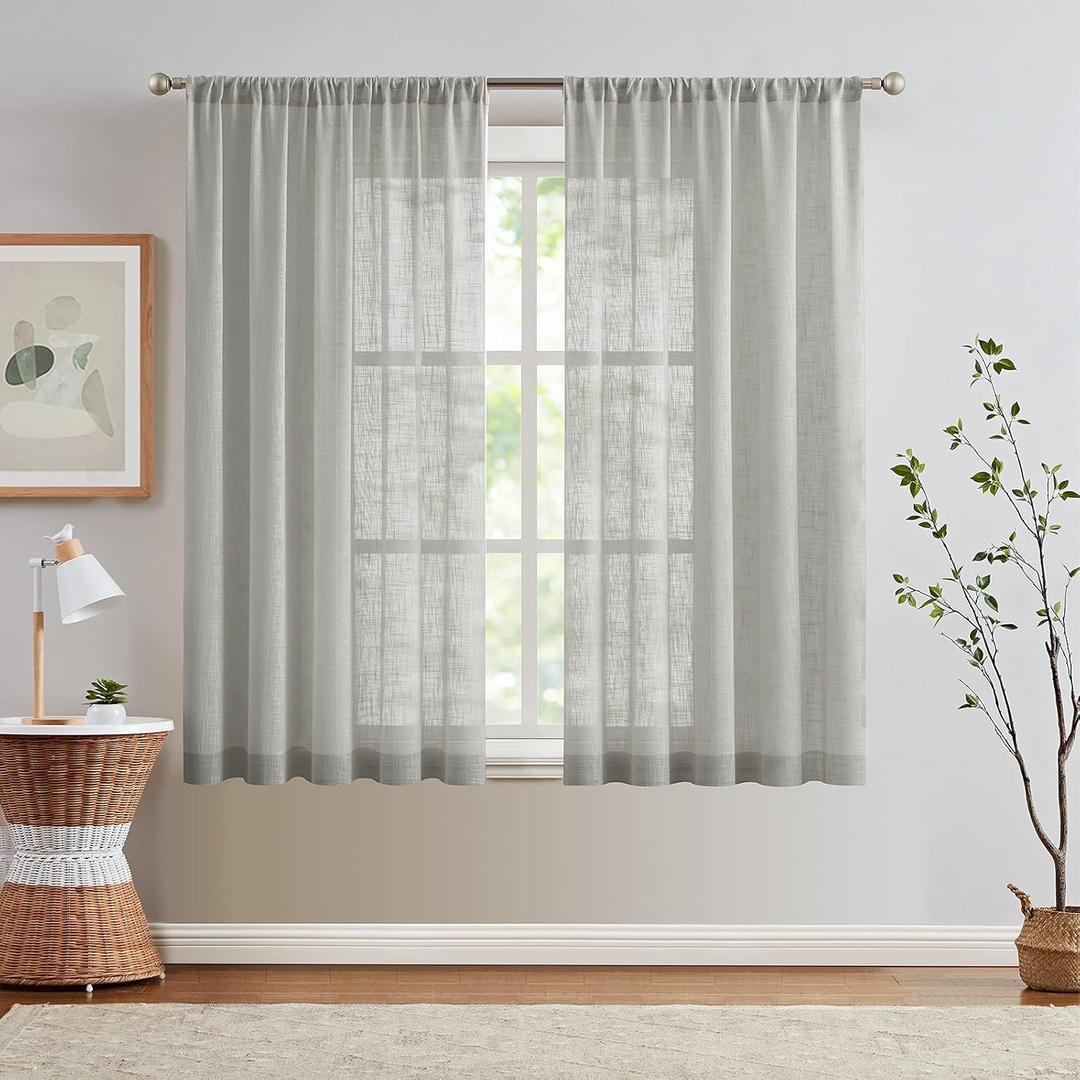 jinchan Grey Sheer Curtains 72 Inch Length Crosshatch Farmhouse Curtains Rod Pocket Open Weave Curtains for Living Room Rustic Linen Look 2 Panel Window Curtain Set Gray 