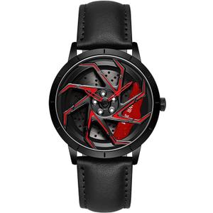 FANMIS Men's Fashion Racing Watch Creative 3D Spinning Car Wheel Rotating Design Stainless Steel Large Dial Skeleton Waterproof Watch, Suitable for Men and Car Enthusiasts (Leather Black Red)