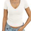 EasyGala Womens Deep V Neck Cotton T Shirts Ribbed Short Sleeve Tops Sexy Fitted Basic Tee Casual Going Out Summer Clothes, L