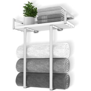 Towel Rack Wall Mounted, Xstydes Metal Towel Holder with Wooden Shelf for Folding Large Towels, Towel Storage for Small Bathroom Organizer Decor or RV Camping, Silver