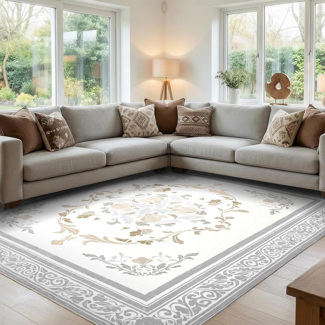 SOULFUL Medium Pile 8x10 Rugs for Living Room - Cozy Soft Underfoot Large Area Rug - Light Taupe Boho Floral - Washable Non-Slip - Perfect for Bedroom Kids Room Under Dining Table Office