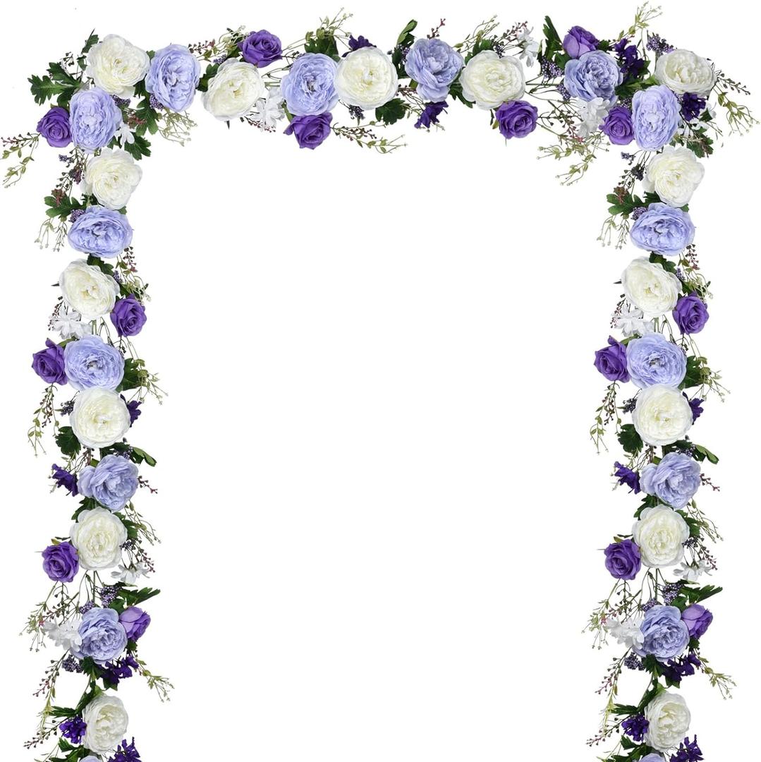 Lvydec Artificial Peony Flower Garland - 6ft Silk Peony Purple Flower Garland Arch Flower Vine for Wedding Party Table Decoration (2, Purple and White)