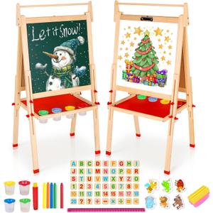 Easel for Kids, Art Easel for Kids Ages 4-8 Height Adjustable Wooden Painting Easel,Whiteboard Chalkboard with Paper Roll Holder,Letters and Numbers Magnets and Other Accessories