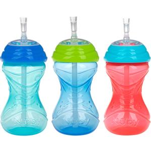 Nuby 3 Piece No-Spill Easy Grip Cup with Flex Straw, Clik It Lock Feature, Boy, 10 Ounce (Red, Blue & Green)