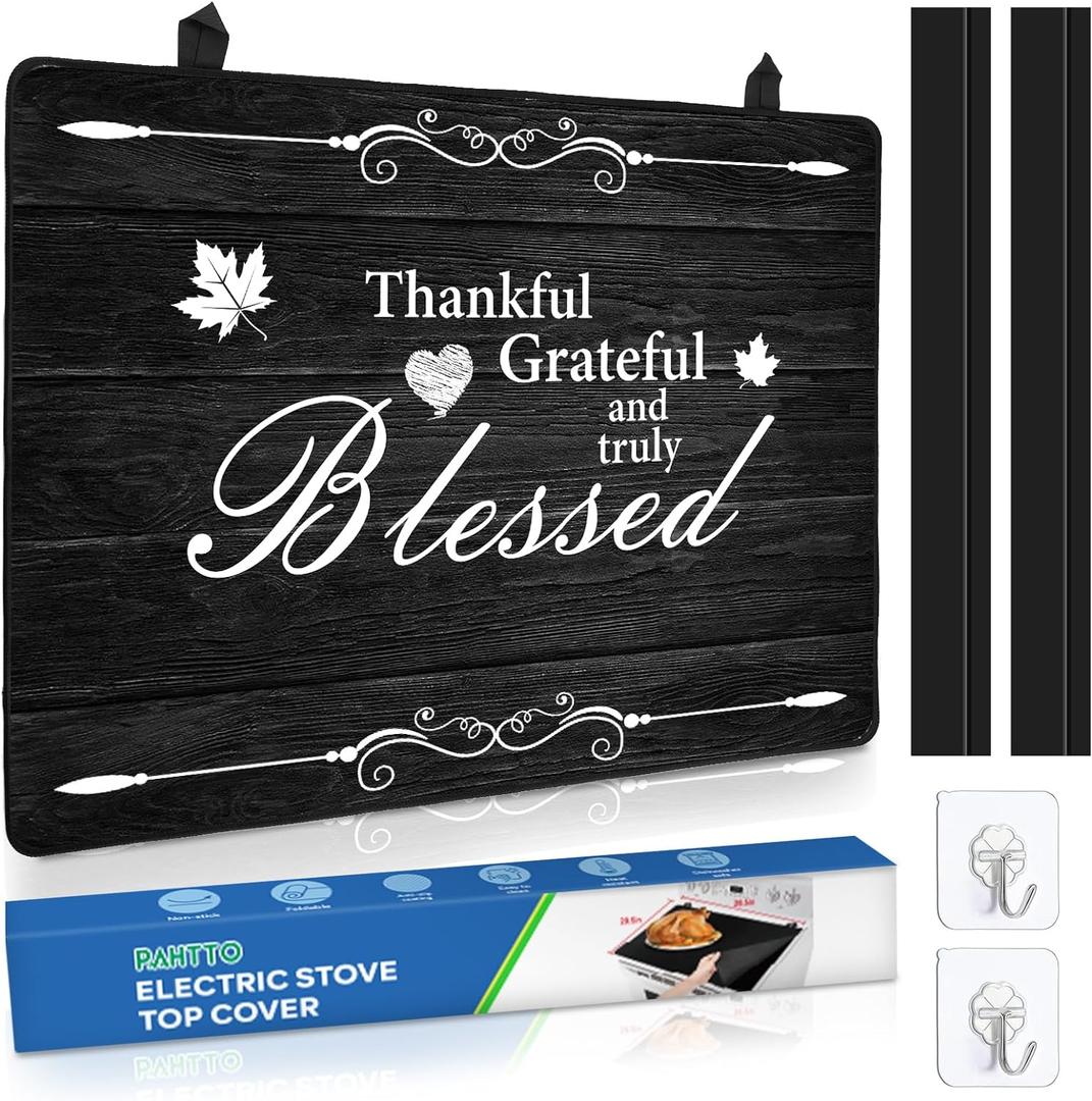 Stove Top Cover for Electric Stove (28.5x 20.5), Heat Resistant Glass Cooktop Cover, Multipurpose Stove/Counter/Washer Top Protector, Dishwasher Safe Natural Rubber (Thankful) (Thankful, Grateful and Blessed)