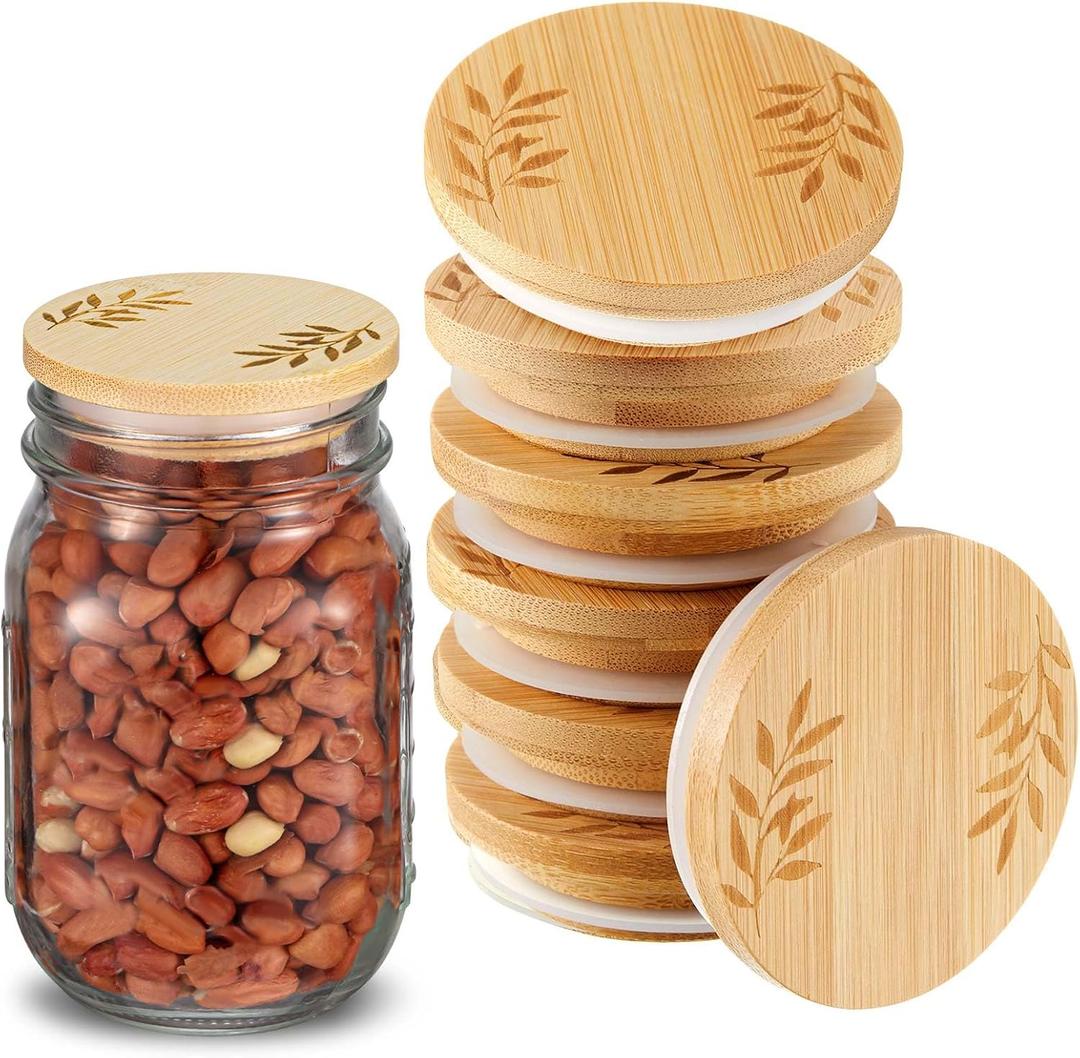 Beeveer 8 Pcs Regular Mouth Lids for Mason Jars 2.76'' Reusable Wooden Leaf Pattern Storage Lids with Airtight Silicone Sealing Rings Round Canning caps for Food Storage