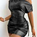 SISKIN Summer Dresses for Women 2025, Prom Cocktail Club Dresses for Women, Sexy Bodycon Black Metallic One Shoulder Asymmetrical Ruched Drawstring Short Sleeve Dress Black L