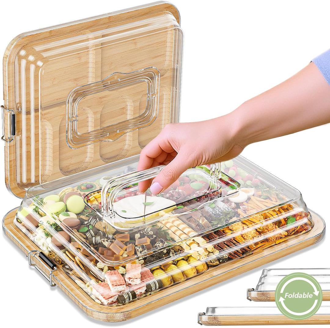 Charcuterie Boards with Foldable Lid, Portable Bamboo Cheese Board with 6 Compartments, Clear Locking Lid and Handle, Easy to Store, Suitable for Picnics, Camping, Parties & Housewarming Gifts