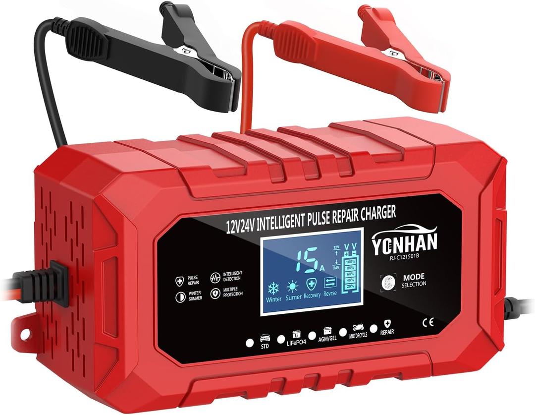 YONHAN 15A Battery Charger, 12V/24V LiFePO4 & Lead Acid Car Battery Charger, 9-Stage Trickle Charger with Temp Compensation, Automotive Battery Maintainer for Car Truck Motorcycle Lawn Mower Boat(Red)