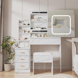 Vanity Desk with Mirror and LED Lights, Makeup Vanity Desk with Sliding Lighted Mirror, Power Outlet, Dressing Table with 4 Drawers, Storage Shelves & Stool for Bedroom, Marble-White