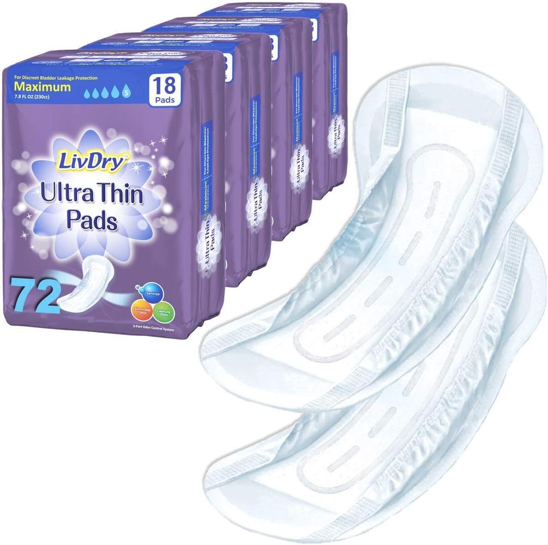 LivDry Incontinence Ultra Thin Pads for Women | Leak Protection and Odor Control | Extra Absorbent (Maximum 72-Count)
