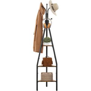 Hoctieon 3-Tier Coat Rack Freestanding with Hooks, Industrial Coat Tree Freestanding, Mordern Coat Racks Free Standing with Shelf, Coat Rack with Storage for Clothes, Hats, Bags (Brown+Black)