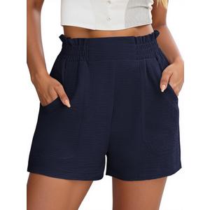 NILOINE 2025 Womens Elastic Waist Beach Shorts High Rise Athletic Shorts Pure Color Pull On Short Pants with Pockets(1-Navy,XX-Large) (Blue)