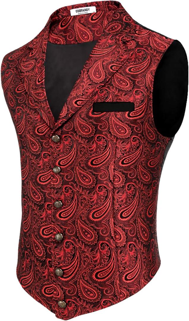COOFANDY Mens Suit Vest Paisley Floral Victorian Vests Gothic Steampunk Formal Waistcoat Tuxedo Vests with Notched Lapels (Large, Bright Red Paisley)