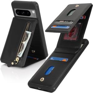 for Google Pixel 8 Pro Case with Card Holder for Women, for Google Pixel 8 Pro Phone Case Wallet with Credit Card with Ring Kickstand Zipper Shockproof Slim Stand Case - Black