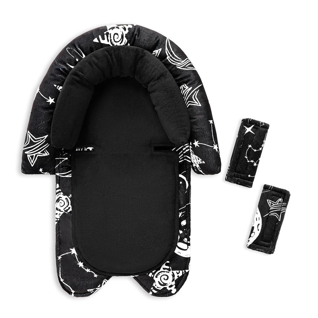 GFU Baby Car Seat Head Support for Newborn, 2 in 1 Infant Car Seat Head Body Support with Strap Pads, Soft Stroller Cushion Pillow Insert for Girls, Fits for Stroller, Swing, Black Star