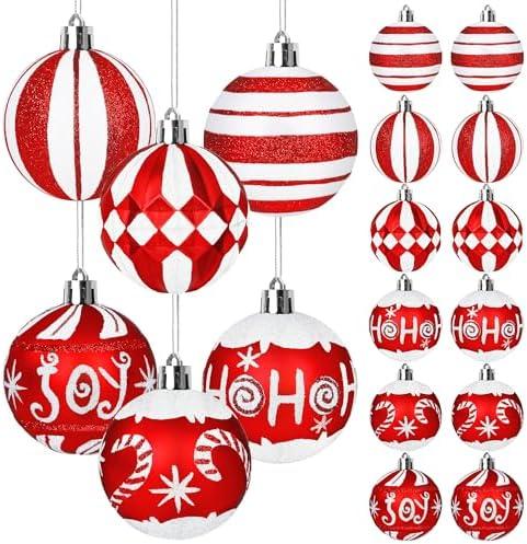 24 Pcs Christmas Ball Ornaments, 2.36 Inch Glitter Red and White Candy Cane Christmas Tree Ornaments Set Shatterproof Plastic Hanging Baubles for Xmas Tree Home Holiday Party Decorations