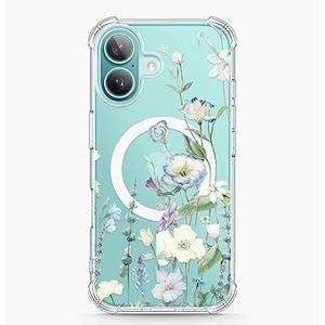 GVIEWIN for iPhone 16 Case 6.1", Shockproof Military-Grade Protection Floral Clear Women Magnetic Cover