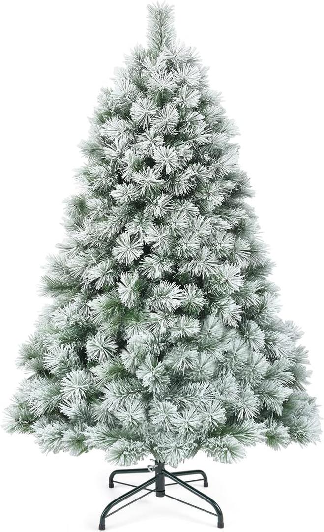 Goplus 6ft Snow Flocked Artificial Christmas Tree, Premium Hinged Pine Tree with Metal Stand, 100% New PVC Material, Unlit Xmas Tree for Indoor and Outdoor