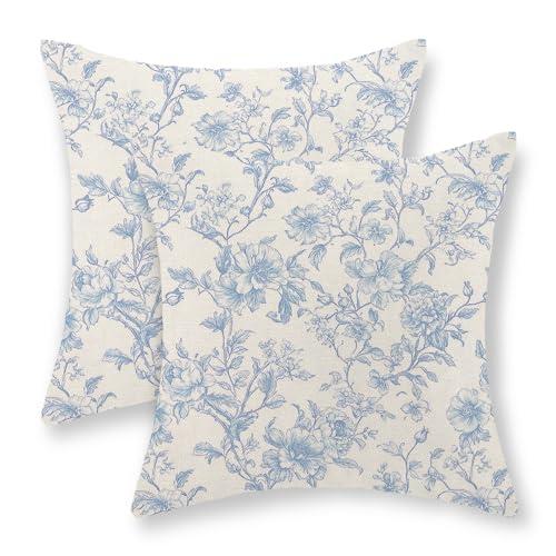 GOLIANDA Baby Blue Pillow Covers 20x20 Set of 2 Blue and Cream Floral Chinoiserie Throw Pillows Vintage Rustic Toile Flower Decorative Pillowcase Outdoor Chinoiserie Decor Cushion Case for Couch Sofa