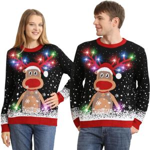 Ugly Christmas Sweater Women Men 2025,Light Up Christmas Sweater for Couples,Funny Reindeer Xmas Tacky Pullover Cute (Black Elk, XL)