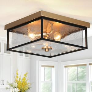 Square Flush Mount Ceiling Light, Black Gold Hallway Light Fixtures Ceiling, Mid-Century Modern 3-Light Close to Ceiling Light with Seeded Glass Shade for Bedroom, Kitchen and Foyer
