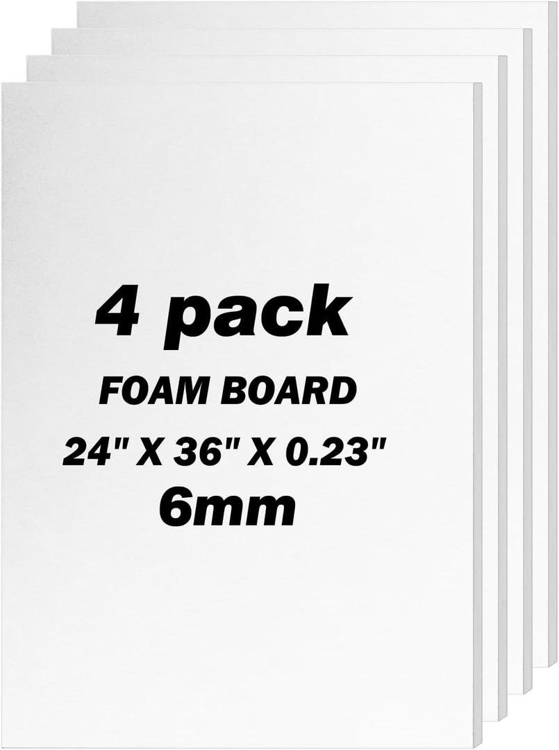 4 Pack Foam Board 24"x36", 0.23" Thick White Poster Board, Acid-Free Double Sided Foam Core Board for Presentation Art, Display, Office, School Projects, Crafting, Sign Making