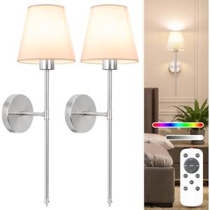 NIORSUN Battery Operated Wall Sconce Set of 2,Brushed Nickel Rechargeable Wall Lights with 5200mAh Dimmable Detachable Bulbs and Remote, 10 Colors Wireless Sconces for Bedroom Living Room Hallway
