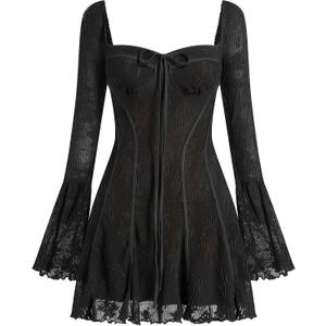 Women's Short Corset Y2k Mini Dress Long Sleeve Low Cut Lace Dress Vintage Solid Floral Party Dresses, M