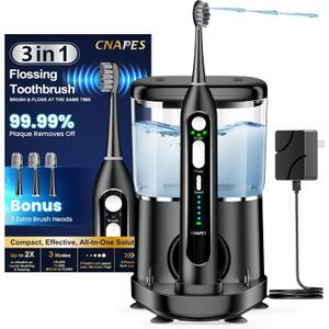 Electric Toothbrush with Water Flosser 3-in-1 Combo, Professional Sonic Toothbrush for Adults, 3 Brush Modes+5 Floss Speeds, Rechargable, 2.0 Flossing Toothbrush for Oral Care, Portable Travel Case (Black)