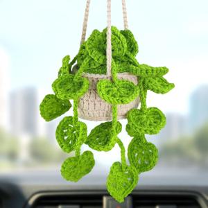 Boho Crochet Plant Hanging Basket for Car Rear View Mirror Decor, Polyester, Light Green, Durable, Handmade, Cute Interior Aesthetic, Gift for Women