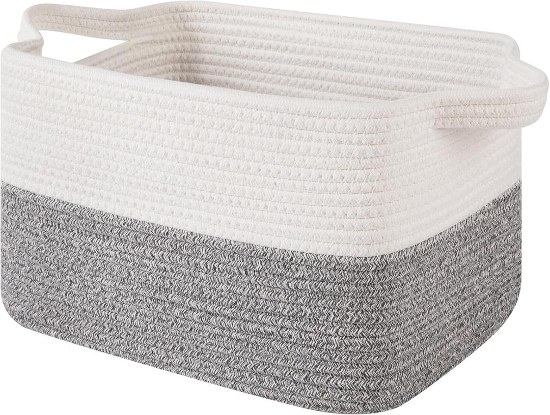 OIAHOMY Woven Storage Basket for Shelves, Rectangle Cotton Rope Baskets for Organizing, 13 x 10 x 9 in, Storage Bins for Dog Toys,Towel,Books,Gift,Grey and White
