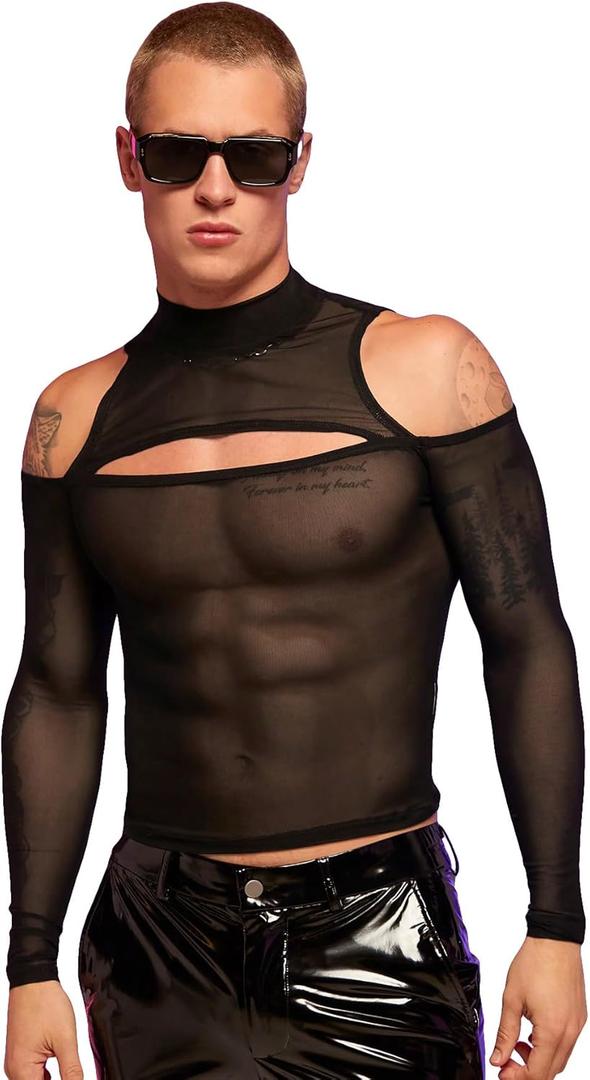 WDIRARA Men's Cut Out Front Mesh Sheer Mock Neck Long Sleeve Bodycon Party Blouse Tops (Black)