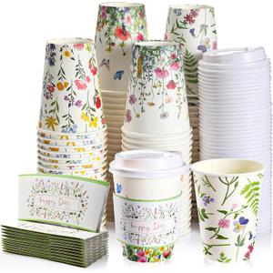 Remerry 100 Pcs 12oz Floral Disposable Coffee Cups with Lids and Sleeves Paper Insulated Drink Hot Coffee Paper Cups with Dome Lids and Sleeves for Party Wedding Birthday Baby Shower (Stylish)