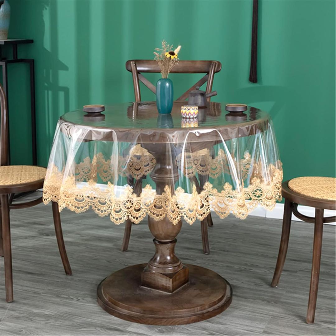 Small Clear Plastic Round Tablecloth Waterproof Vinyl PVC Tablecloth Embroidered Lace Edge Transparent Table Cover for Kitchen Outdoor and Indoor Uses-Round 32 inch, Brown