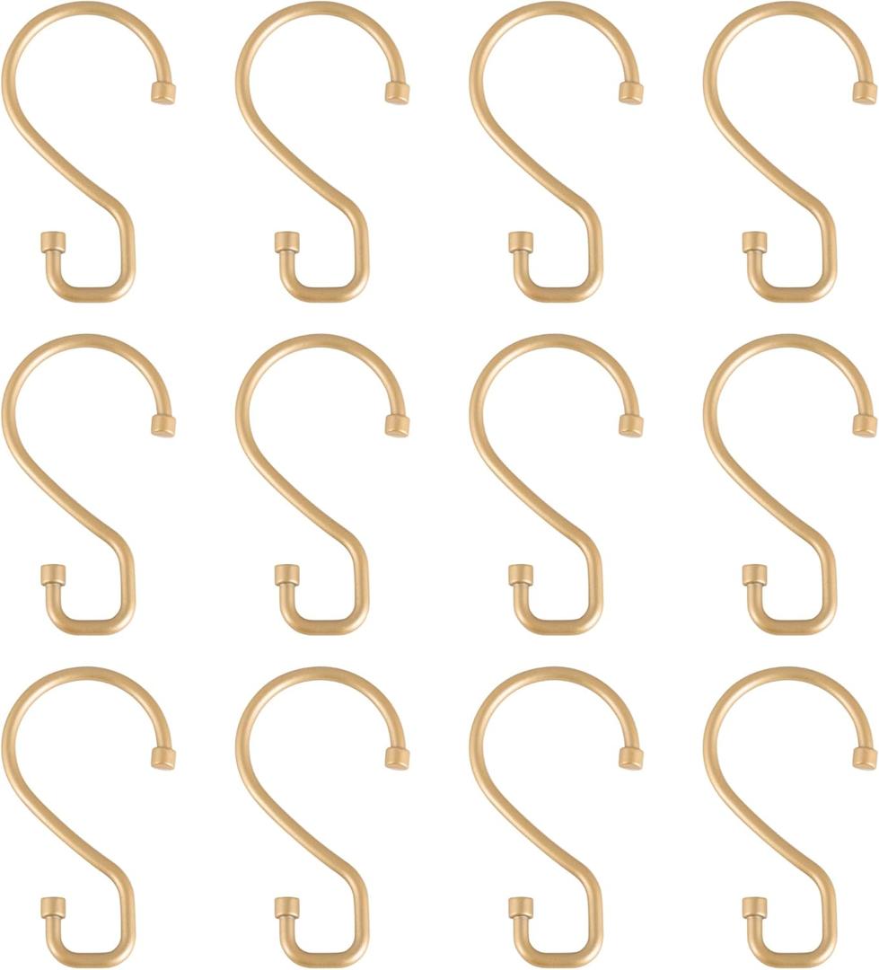 Bath Bliss 12 Pack S-Hook Shower Curtain Rings | Bathroom | Metal S Shaped Hooks | Easy Glide | Easy to Install | Hang Mugs, Pans, Towels | Satin Gold