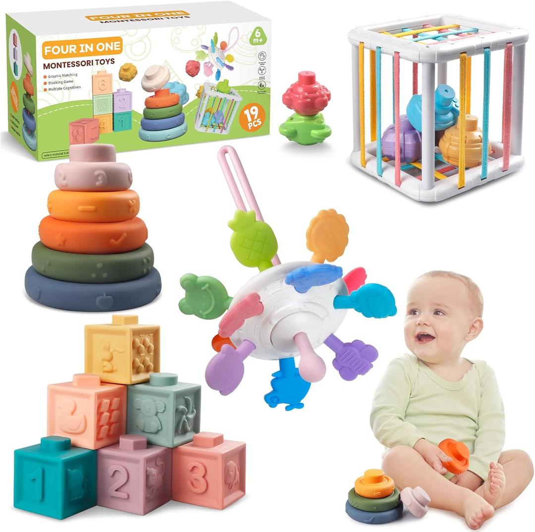 Montessori Baby Toys for Ages 6-18 Months - Pull String Teether, Stacking Blocks, Sensory Shapes Storage Bin, Infant Bath Time Fun, 4 in 1 Toddlers Toy Gifts for 1 2 3 Year Old Boys Girls