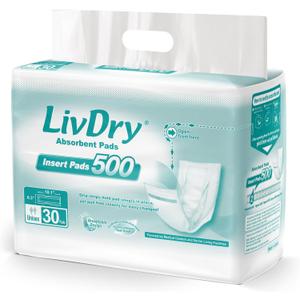 LivDry Incontinence Pads for Women and Men, Long Length Insert, Extra Absorbency with Odor Control (30 Count)