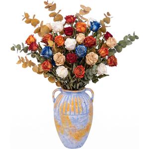 13 Inch Handcrafted Retro Ceramic Table Vase, Aged Rustic Clay Decor, Multi-Color Block Coating, Waterproof Slim Neck, for Dining Table Fireplace Shelf Decor