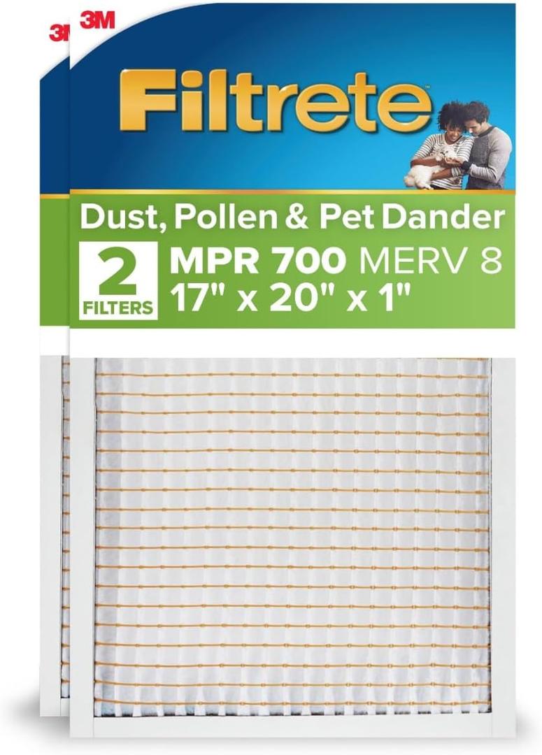 Filtrete 17x20x1 AC Furnace Air Filter, MPR 700, MERV 8, Tough on Pollen, Easy on Airflow, 3-Month Pleated 1-Inch Electrostatic Air Cleaning Filter, 2-Pack (Actual Size 16.69 x 19.69 x 0.81 in)