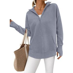PRETTYGARDEN Women Spring 2026 Long Sleeve Zip Up Cardigan Sweaters Casual Loose Collared Ribbed Knit Tops Jackets Thumb Hole (Gray, L)