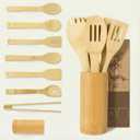 Bamboo Cooking Utensils 8-Piece, Wooden Kitchen Tools with Holder, Non-Toxic Natural Spatula & Spoon Kit with Turner, Slotted Spoon, Ladle, Tongs & Salad Fork