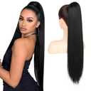 Flufymooz ponytail extension, 26 Inch Long Straight Drawstring Ponytail Synthetic Hairpieces Fake Pony Tails Natural Soft Clip in Hair Extension ponytail for Women (Natural Black)